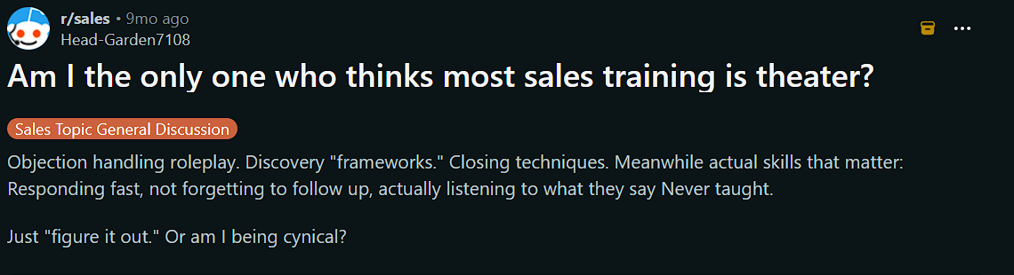 Reddit r/sales post asking if most sales training is just theater, with 428 upvotes