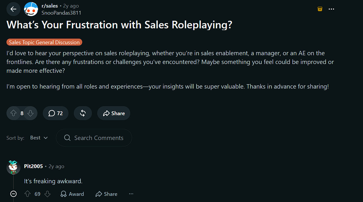 Reddit r/sales comment saying sales roleplay is freaking awkward, the top-voted reply on a thread about roleplay frustrations