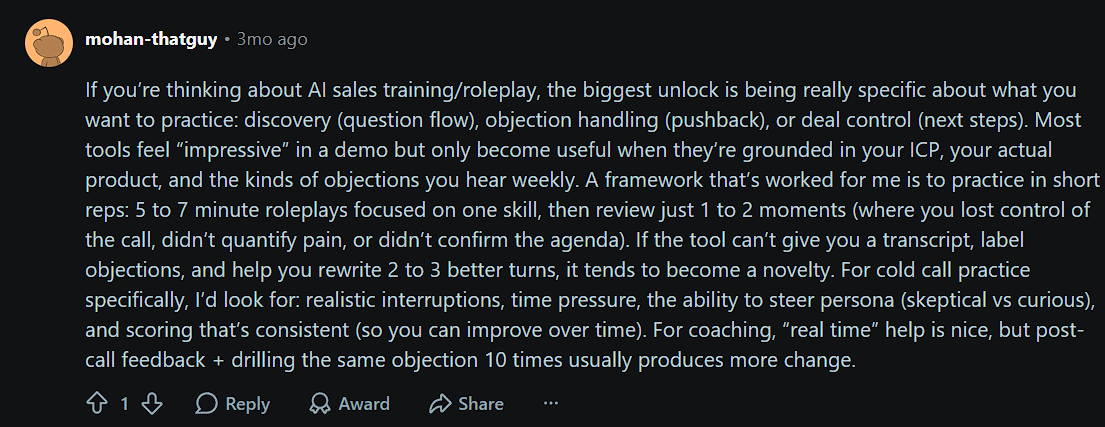 Reddit r/SaaS comment saying post-call feedback and drilling the same objection produces more behaviour change than real-time coaching"