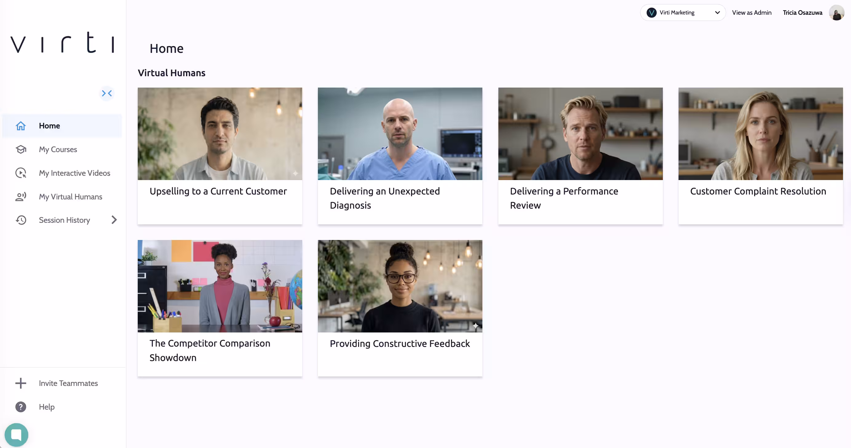 Virti Virtual Humans for roleplay dashboard