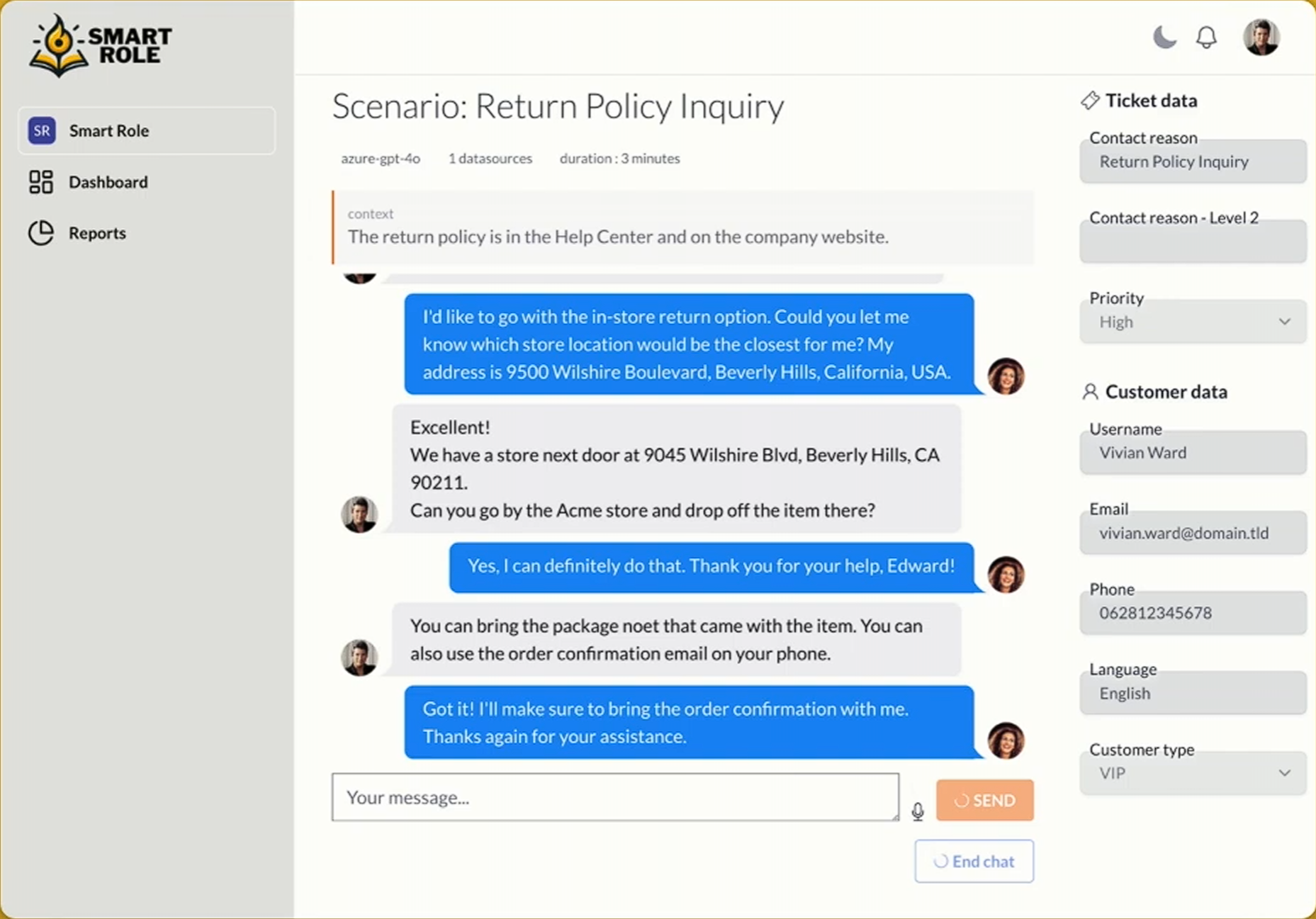 Smart role - Custoemr support chat simulation