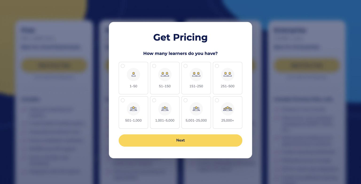 Absorb LMS pricing page, gated behind a learner-count picker with no price shown