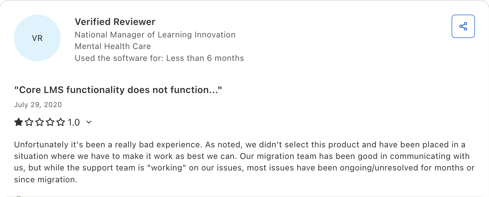 1-star Capterra review of Absorb LMS, "Core LMS functionality does not function"