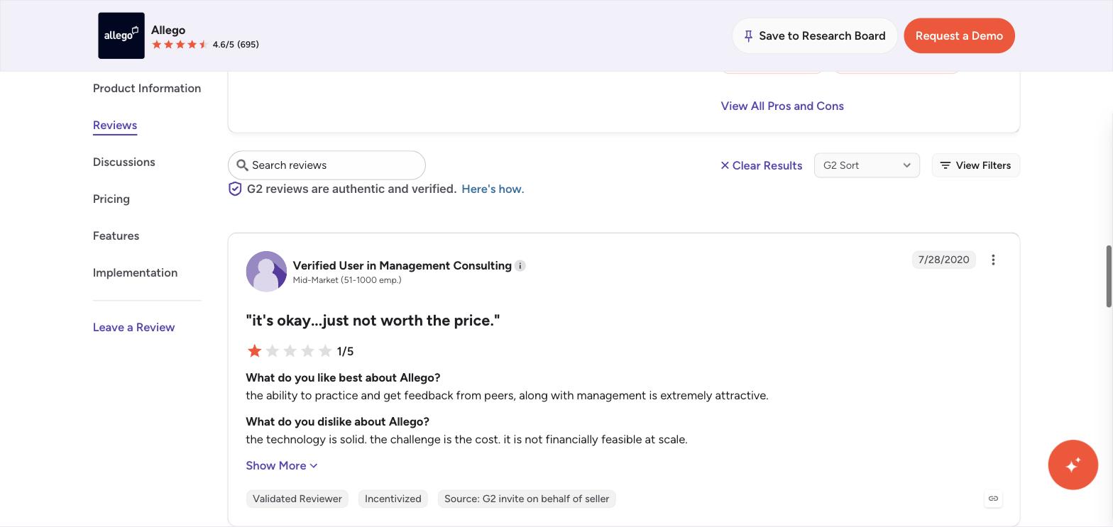G2 review of Allego titled "it's okay...just not worth the price," rated 1 out of 5 stars, citing cost as the main drawback