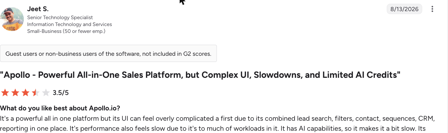 3.5/5 G2 review of Apollo.io flagging a complex UI, slowdowns, and limited AI credits