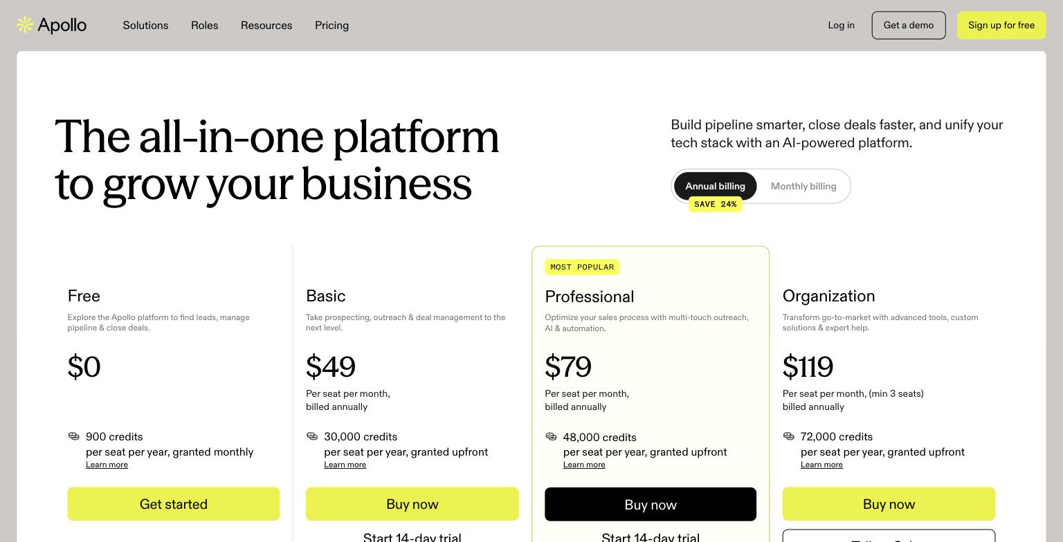 Apollo.io published pricing tiers