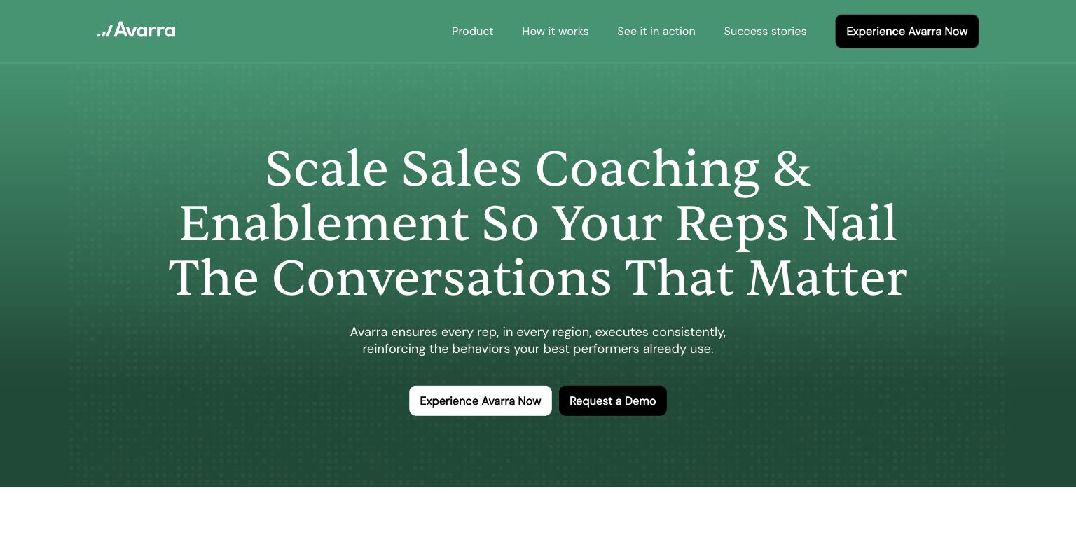 Avarra product page hero describing its coaching and enablement pitch