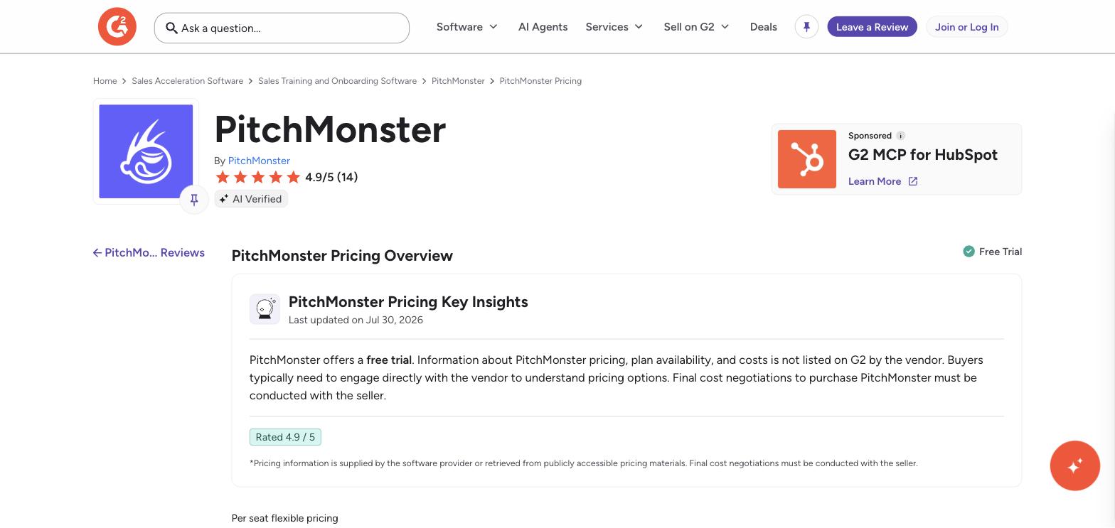 PitchMonster's G2 pricing page, showing pricing information not listed by the vendor