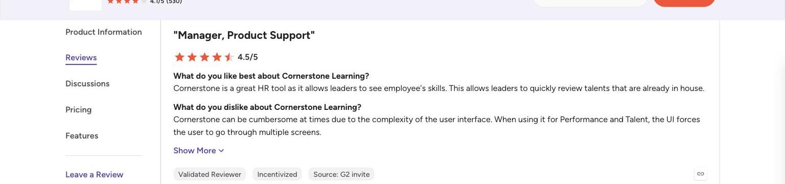 4.5/5 G2 review of Cornerstone Learning citing a cumbersome, multi-screen UI