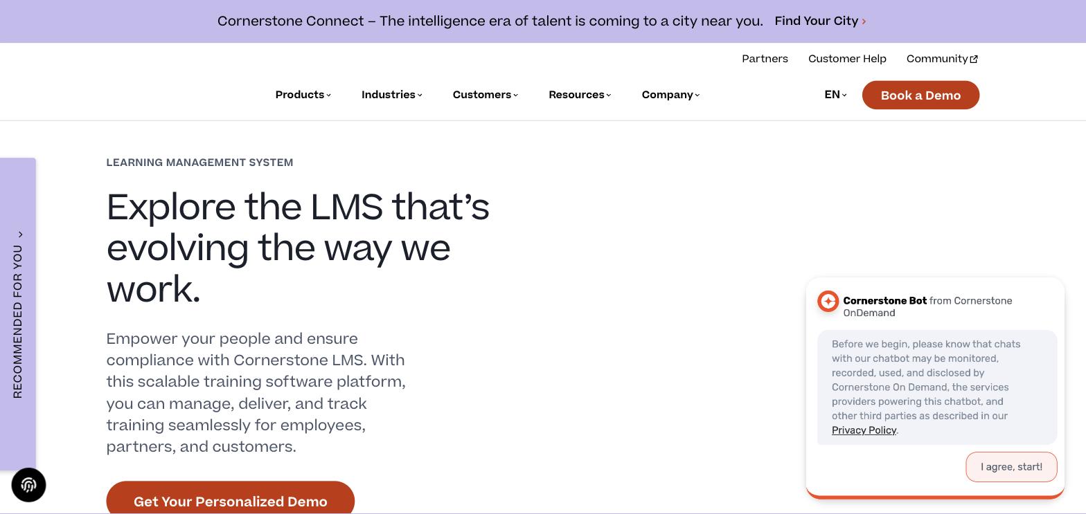 Cornerstone's pricing page redirecting to a "Get Your Personalized Demo" CTA, no published price
