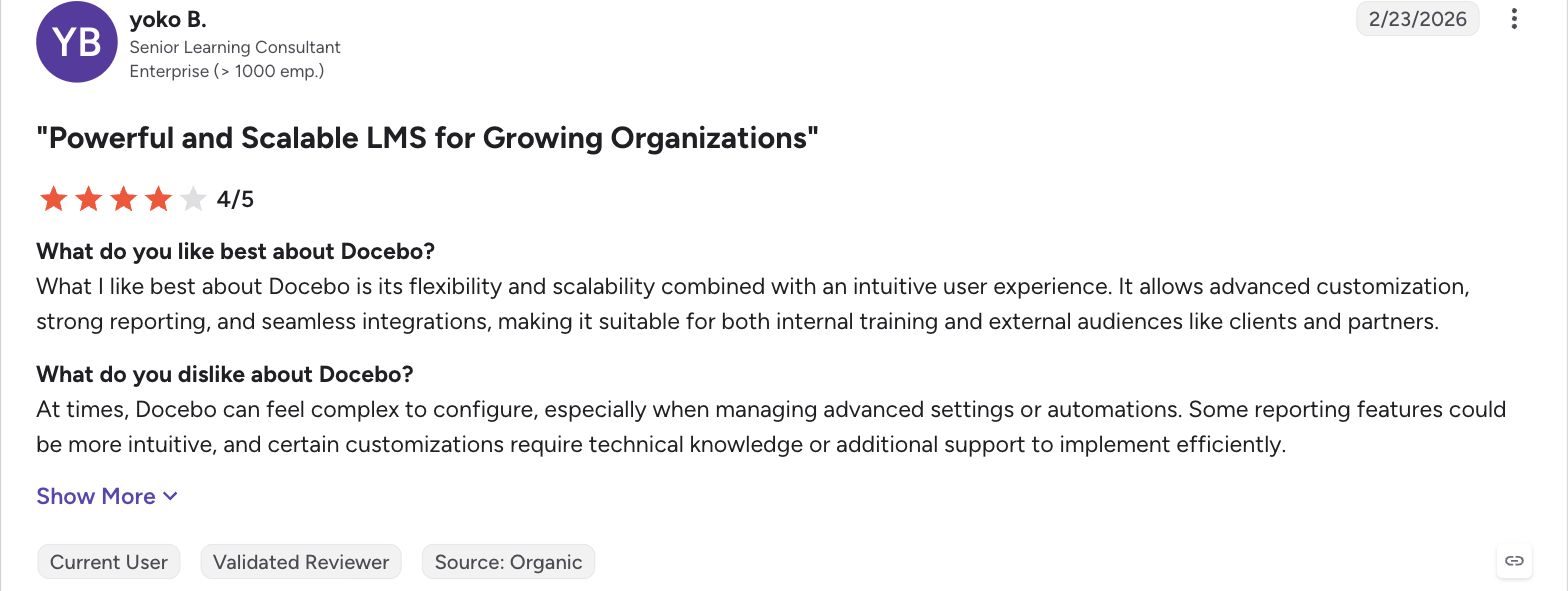 4/5 G2 review of Docebo, "Powerful and Scalable LMS for Growing Organizations"