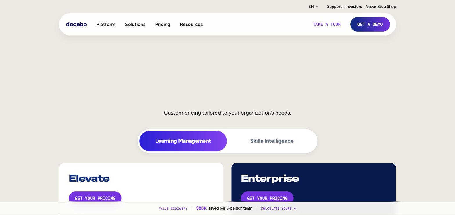 Docebo pricing page, "Custom pricing tailored to your organization's needs" with gated Elevate/Enterprise tiers