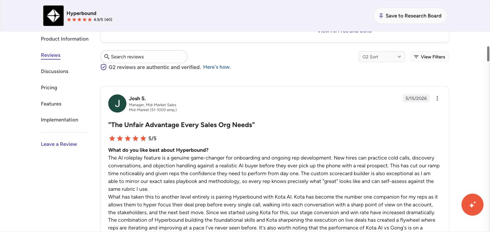 Hyperbound G2 reviews page showing its 4.9 out of 5 rating