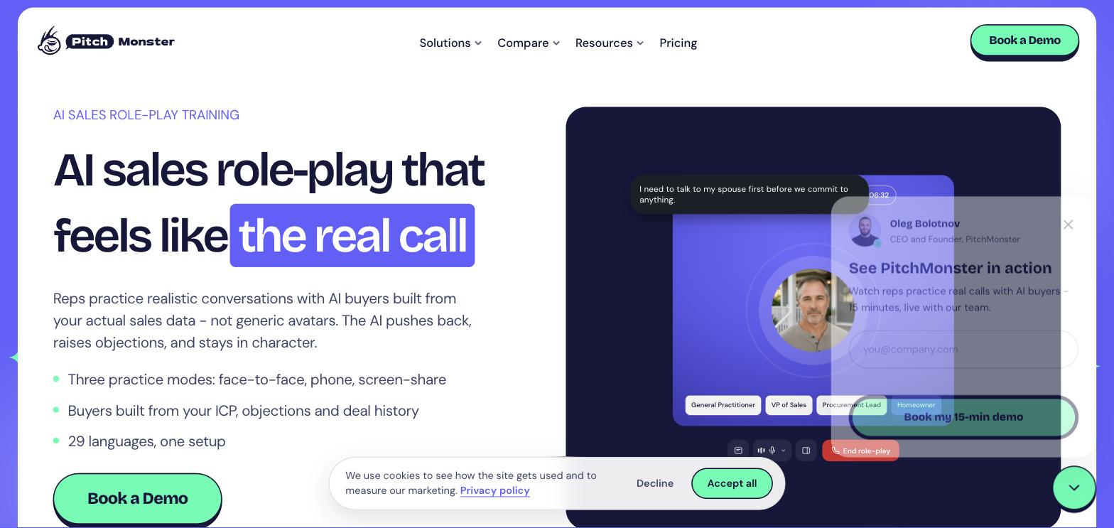 PitchMonster AI sales roleplay training feature page
