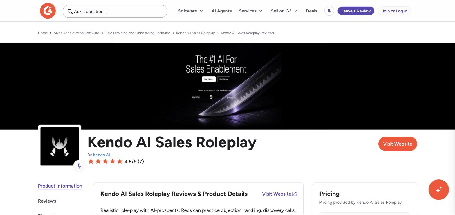 Kendo AI Sales Roleplay listing on G2 showing a 4.8/5 rating from 7 reviews