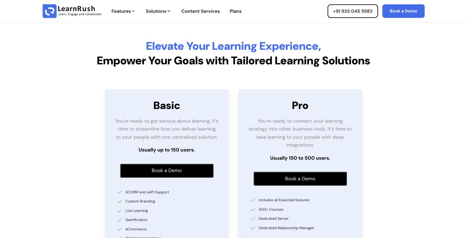 LearnRush pricing page, Basic and Pro tiers with seat ranges shown but no dollar figure