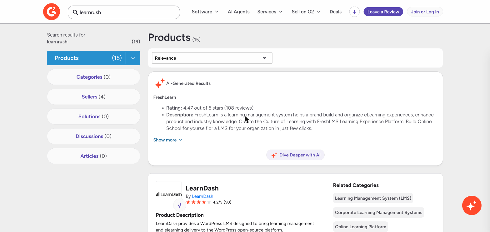 G2 search for "learnrush" returning no matching product, only unrelated LMS tools like FreshLearn and LearnDash