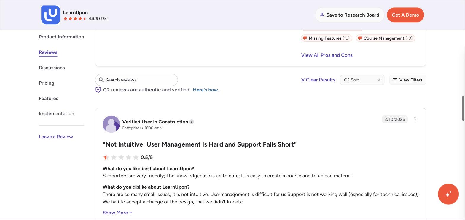 A 0.5-out-of-5 G2 review of LearnUpon titled "Not Intuitive: User Management Is Hard and Support Falls Short"