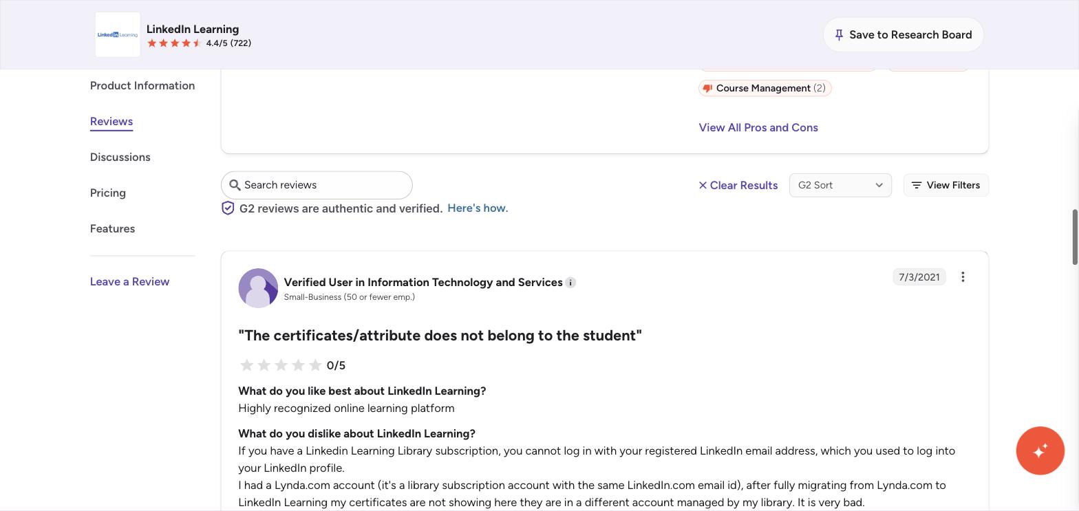 A negative G2 review of LinkedIn Learning