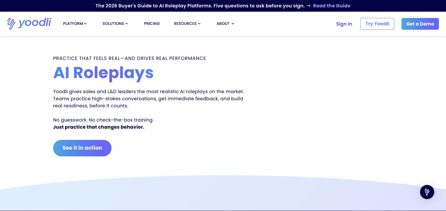 Yoodli's AI Roleplays product page hero, "Practice that feels real, and drives real performance"