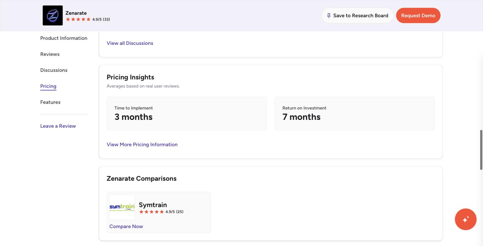 Zenarate G2 pricing insights showing implementation time and ROI