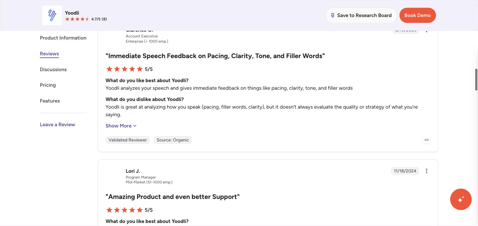 A Yoodli G2 review page showing a 4.7/5 rating from 8 reviews, with a reviewer's "what do you dislike" answer visible