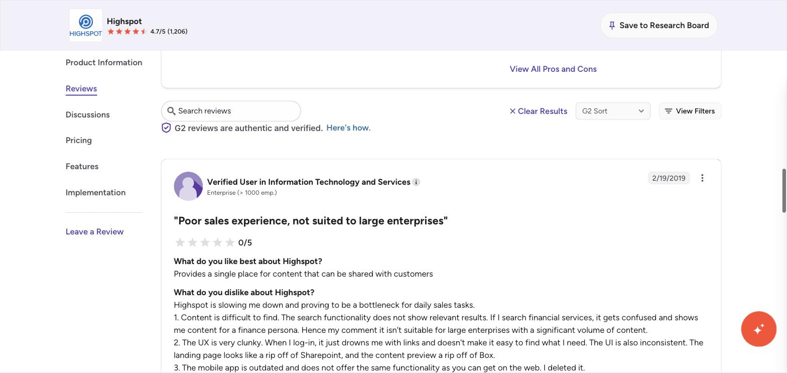 Highspot G2 review titled "Poor sales experience, not suited to large enterprises"