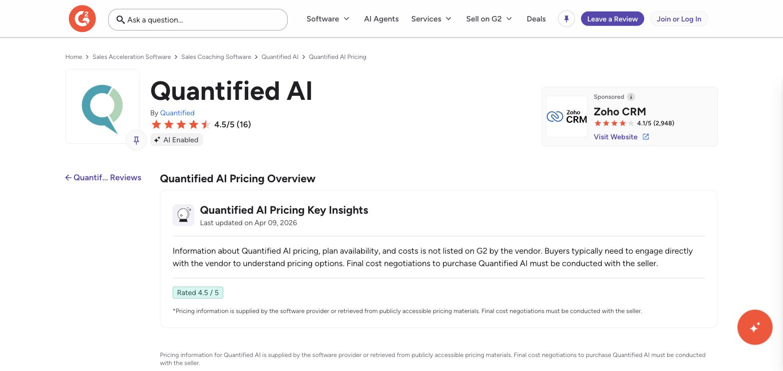 Quantified AI pricing page on G2, showing pricing is not disclosed by the vendor