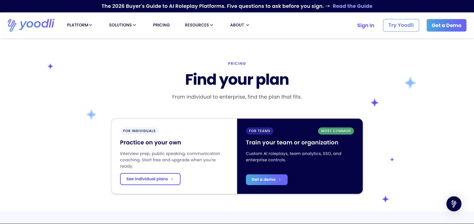 Yoodli's pricing page splitting individual plans from a "Team & Enterprise" tier that routes straight to a demo request with no price shown
