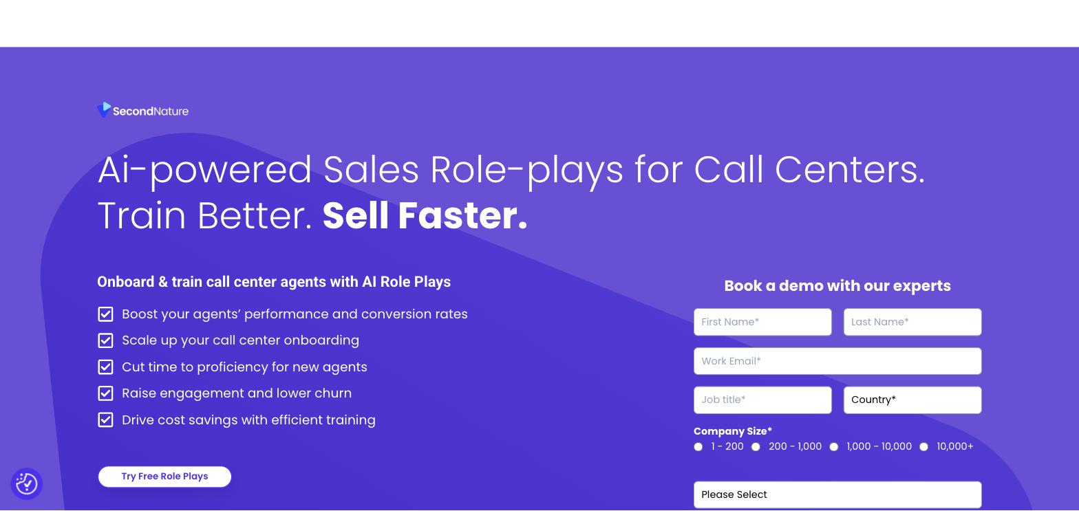 Second Nature's AI roleplay feature page, showing the call-center practice interface