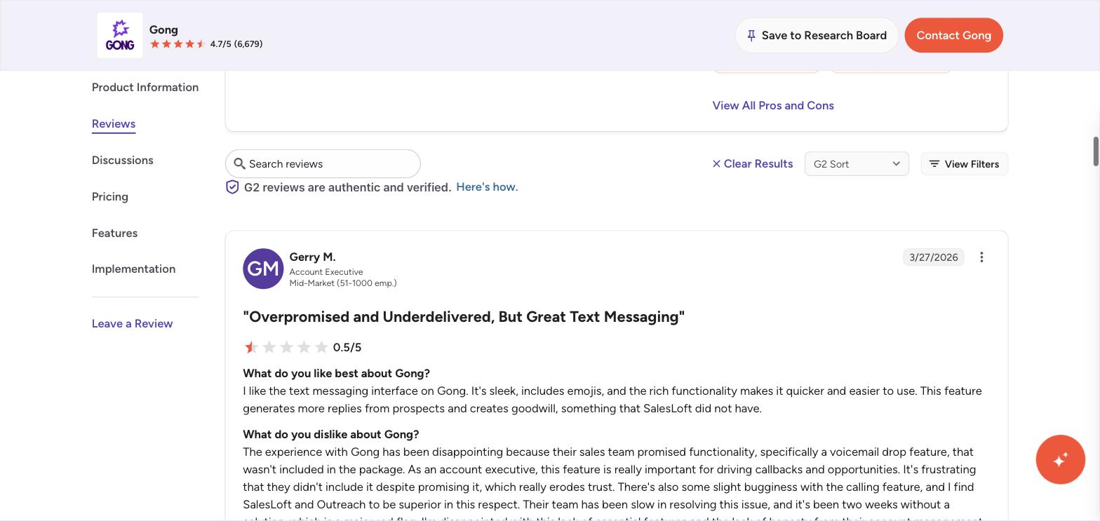 A 0.5-star G2 review of Gong titled "Overpromised and Underdelivered"