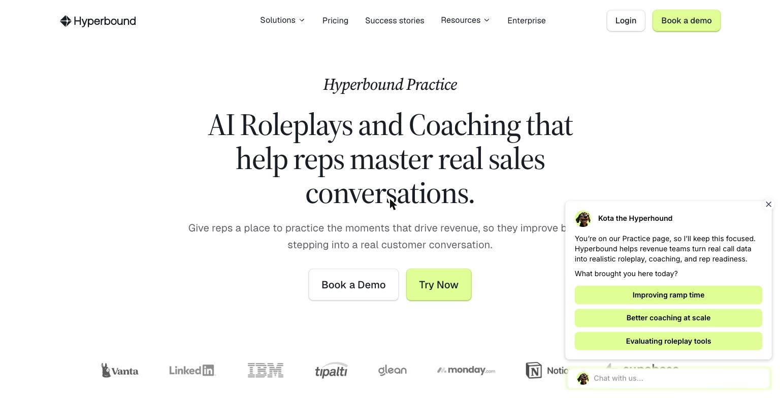 Hyperbound Practice product page showing AI buyer bots built from ICP and historical deal data