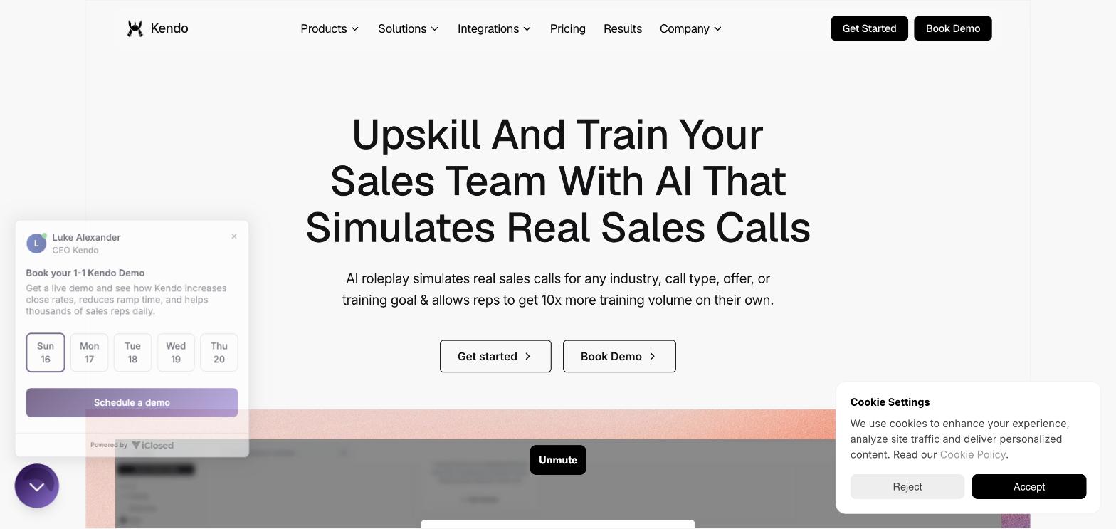 Kendo AI homepage hero: "Upskill And Train Your Sales Team With AI That Simulates Real Sales Calls"