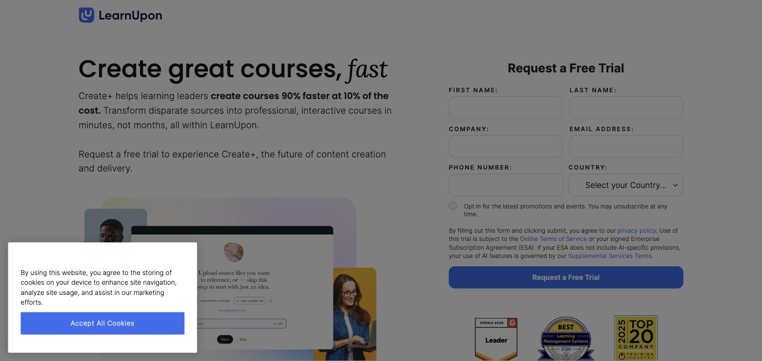LearnUpon's Create+ feature page, advertising course creation "90% faster at 10% of the cost"