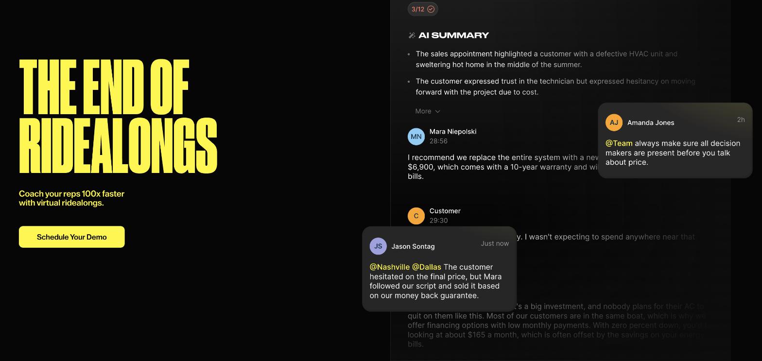 Rilla's Virtual Ridealongs product page, showing an AI-generated call summary and manager comments tagging teammates by location