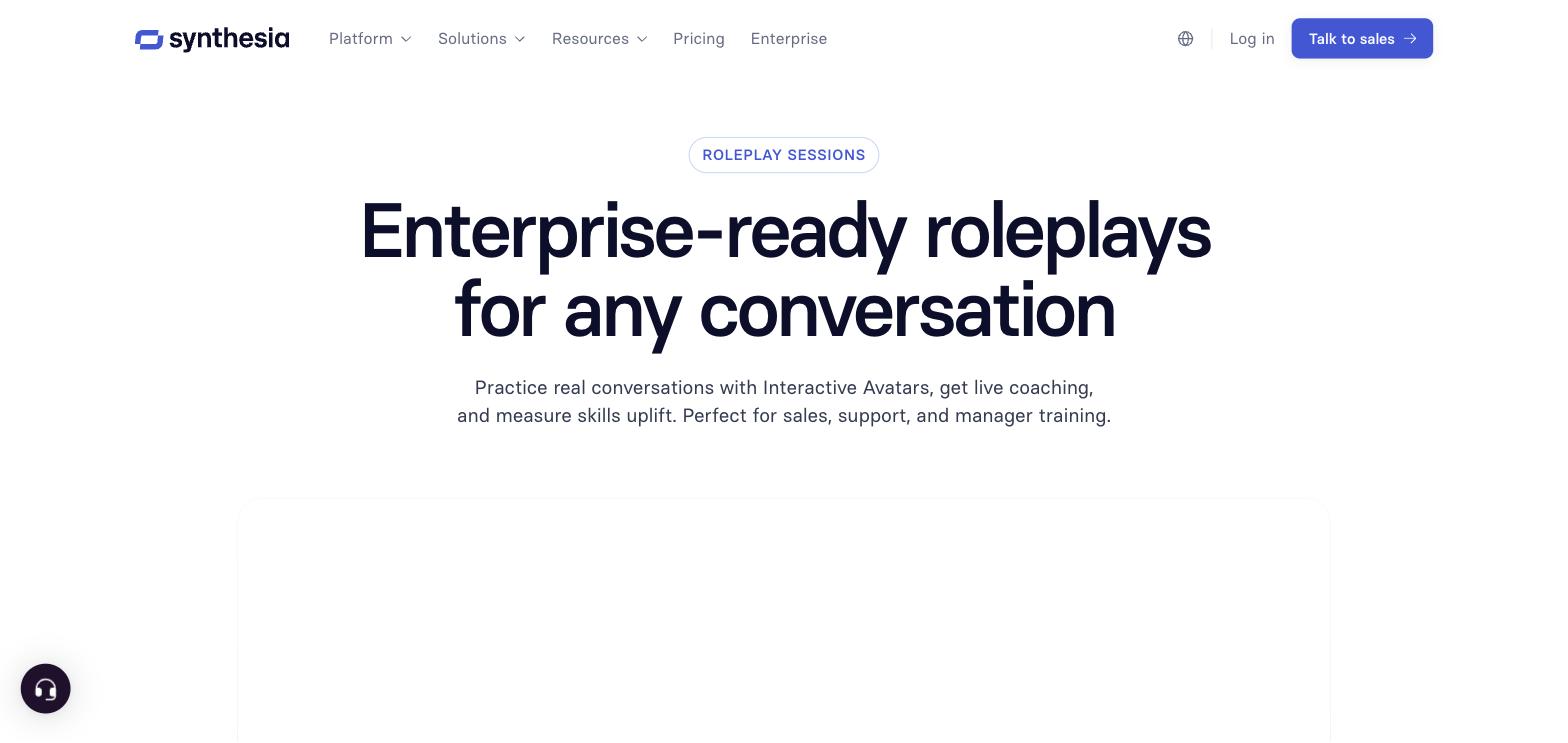 Synthesia Roleplay Sessions landing page showing only a "Talk to sales" button with no pricing information