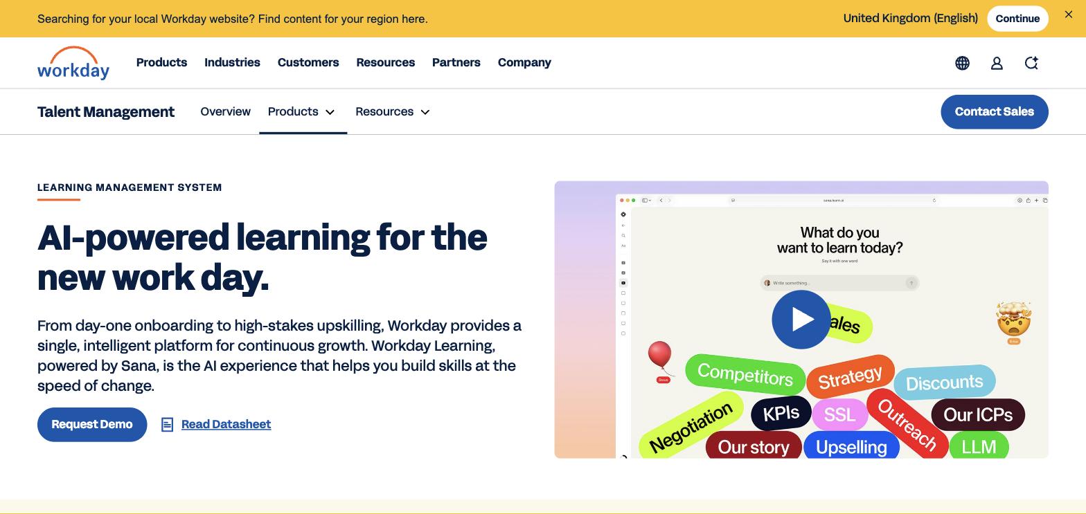 Workday Learning product page showing a Request Demo button with no pricing link anywhere in the navigation