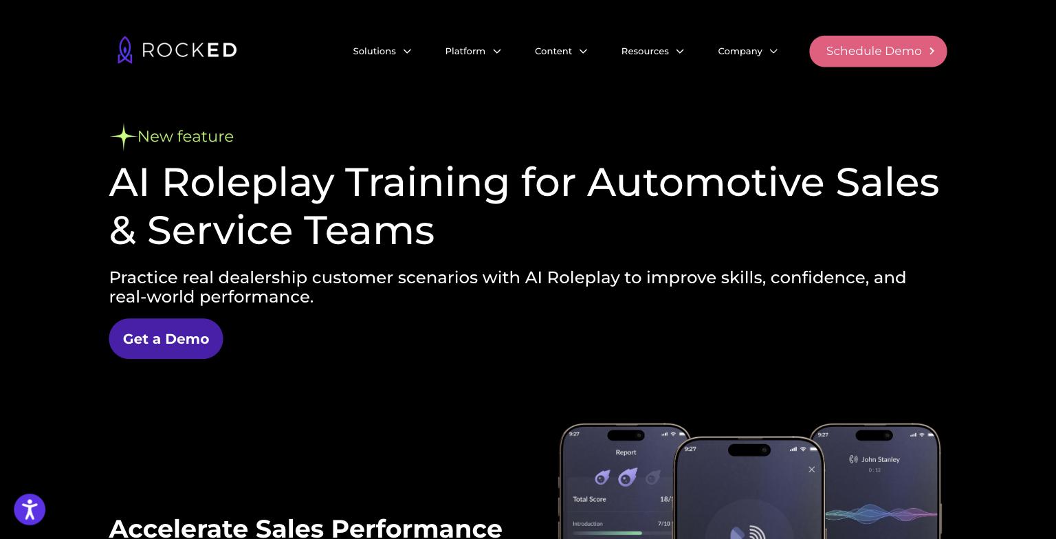 RockED's AI Coach page showing the roleplay feature badged as New feature, with three mobile phone screens displaying a score report