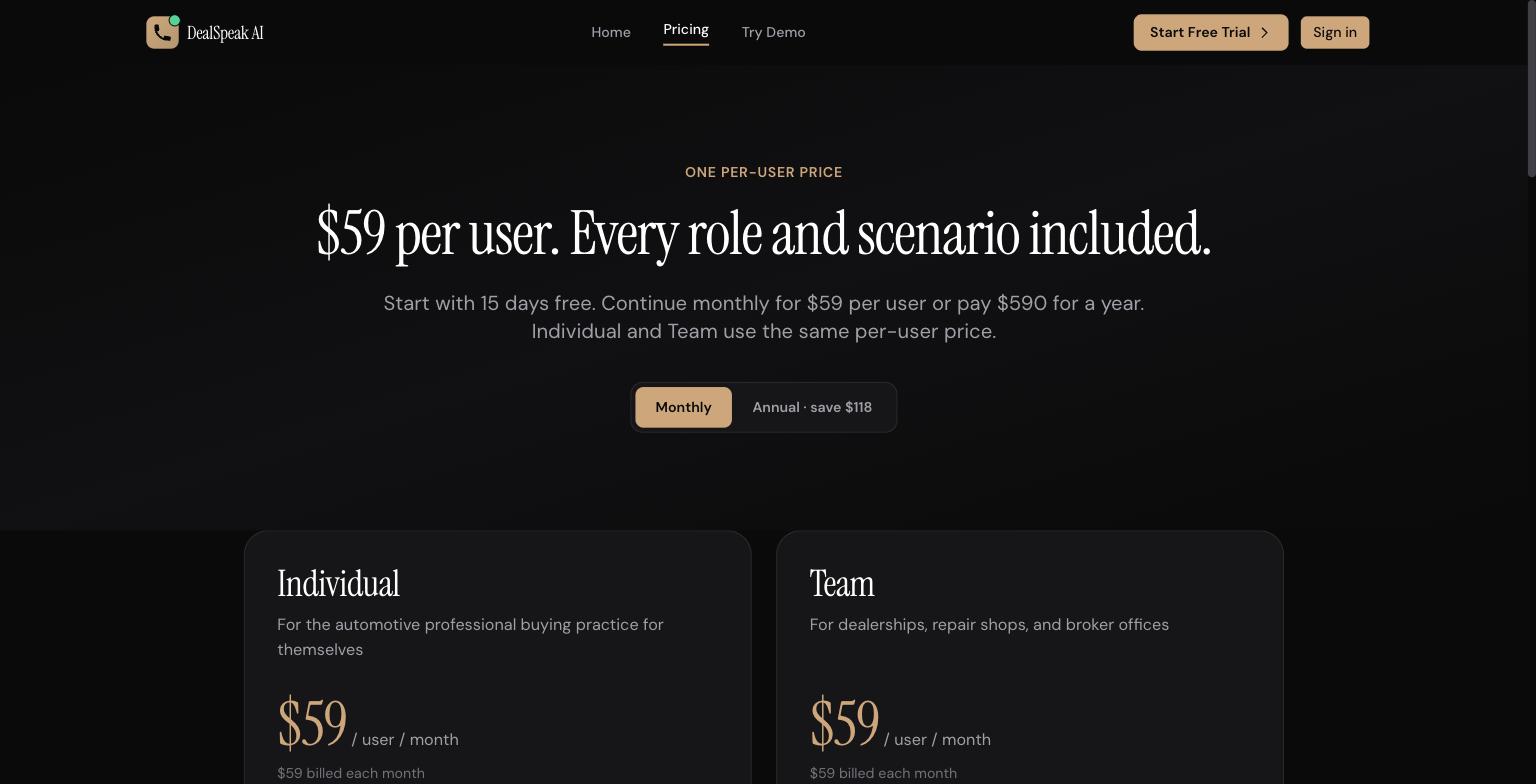 DealSpeak's pricing page showing $59 per user with identical Individual and Team pricing