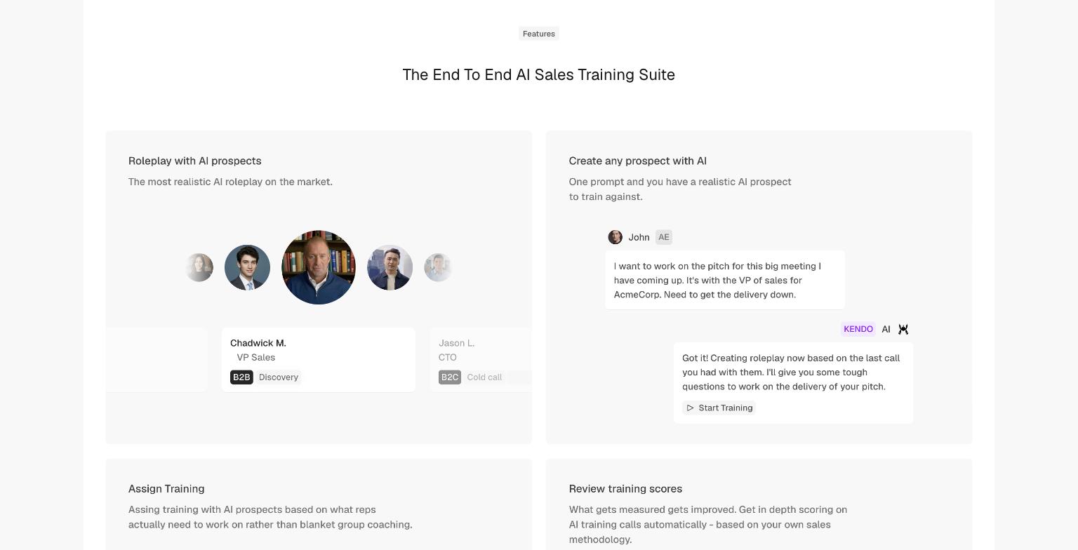 Kendo AI roleplay product page showing configurable AI buyer personas by call type