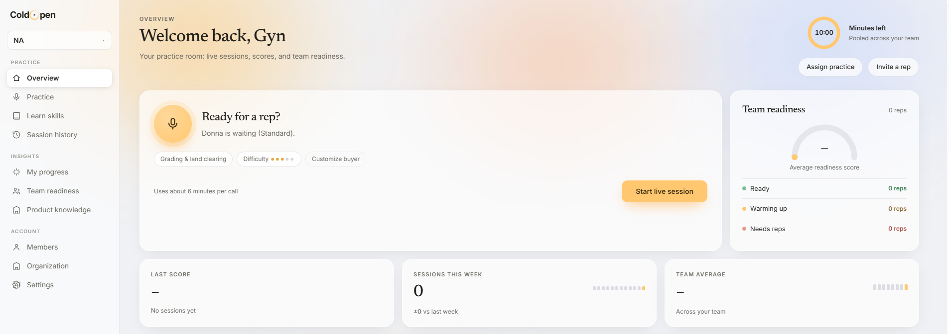 ColdOpen AI sales practice dashboard showing team readiness and session performance