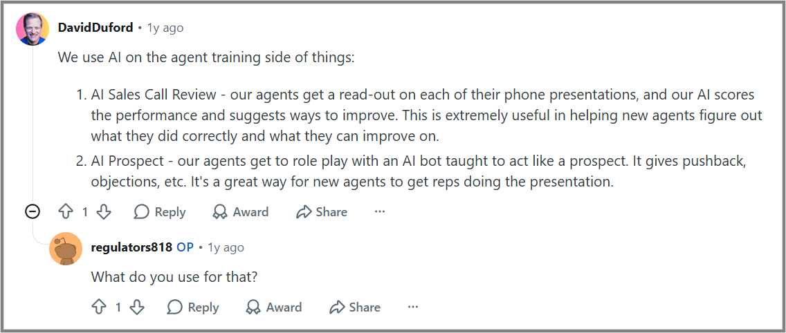 Reddit r/InsuranceAgent comment describing AI call review plus AI roleplay practice at an insurance agency