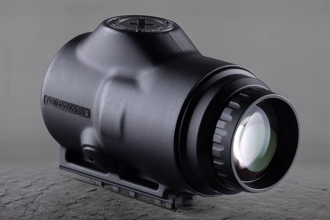 Advertisement for Primary Arms red dot sight with text 'They've Landed' announcing availability at Southern Sky Operations.