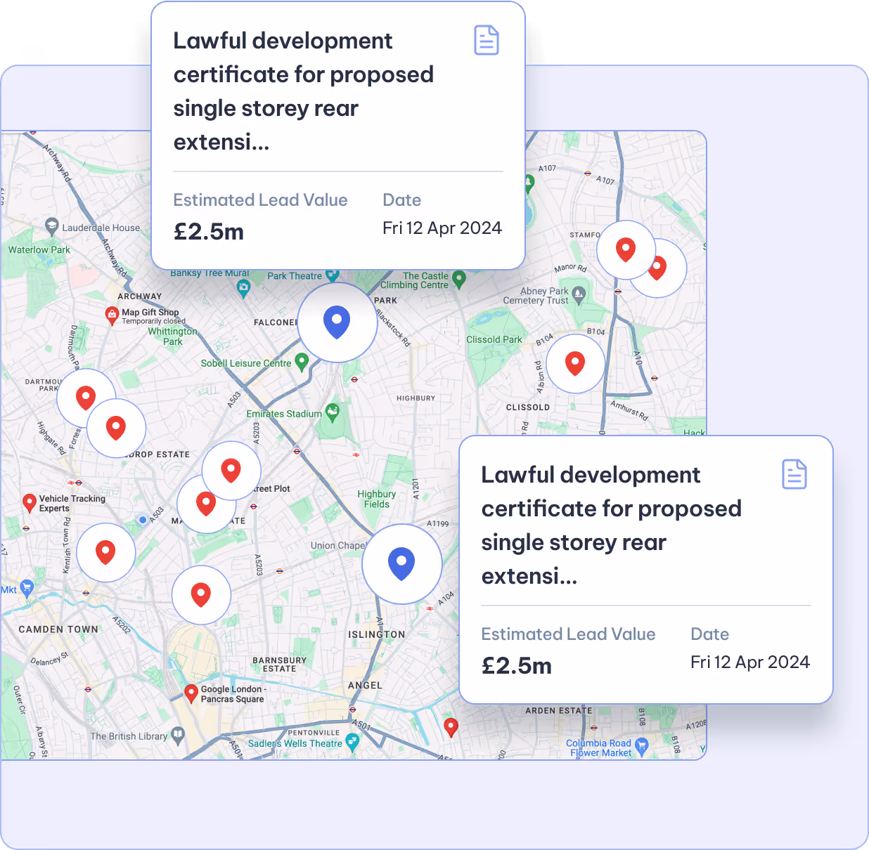 a close up of a map with a few locations marked