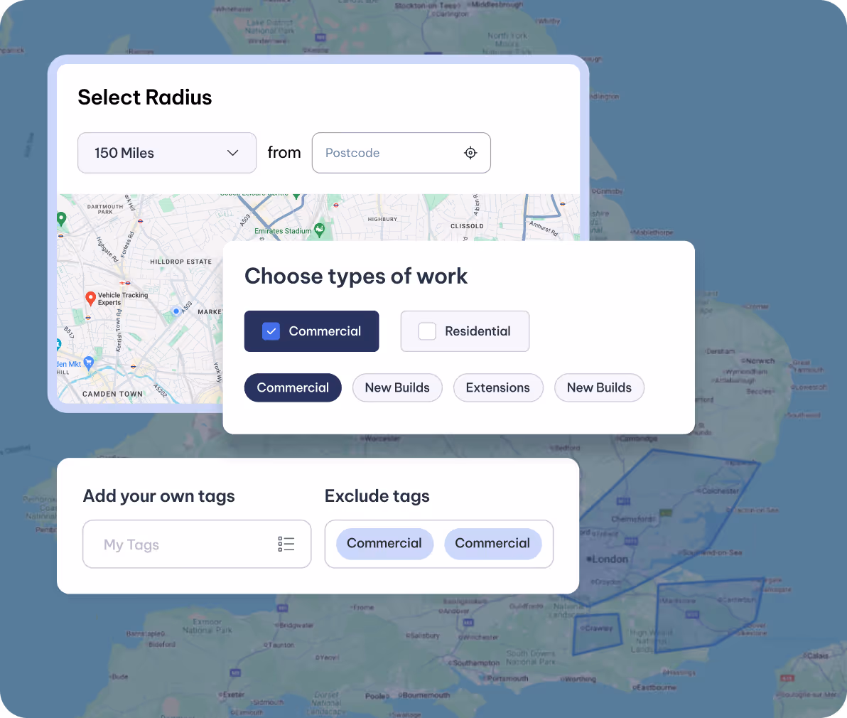 User interface with map background showing radius selection of 150 miles from a postcode, options to choose types of work like Commercial and Residential, and fields to add or exclude work tags.