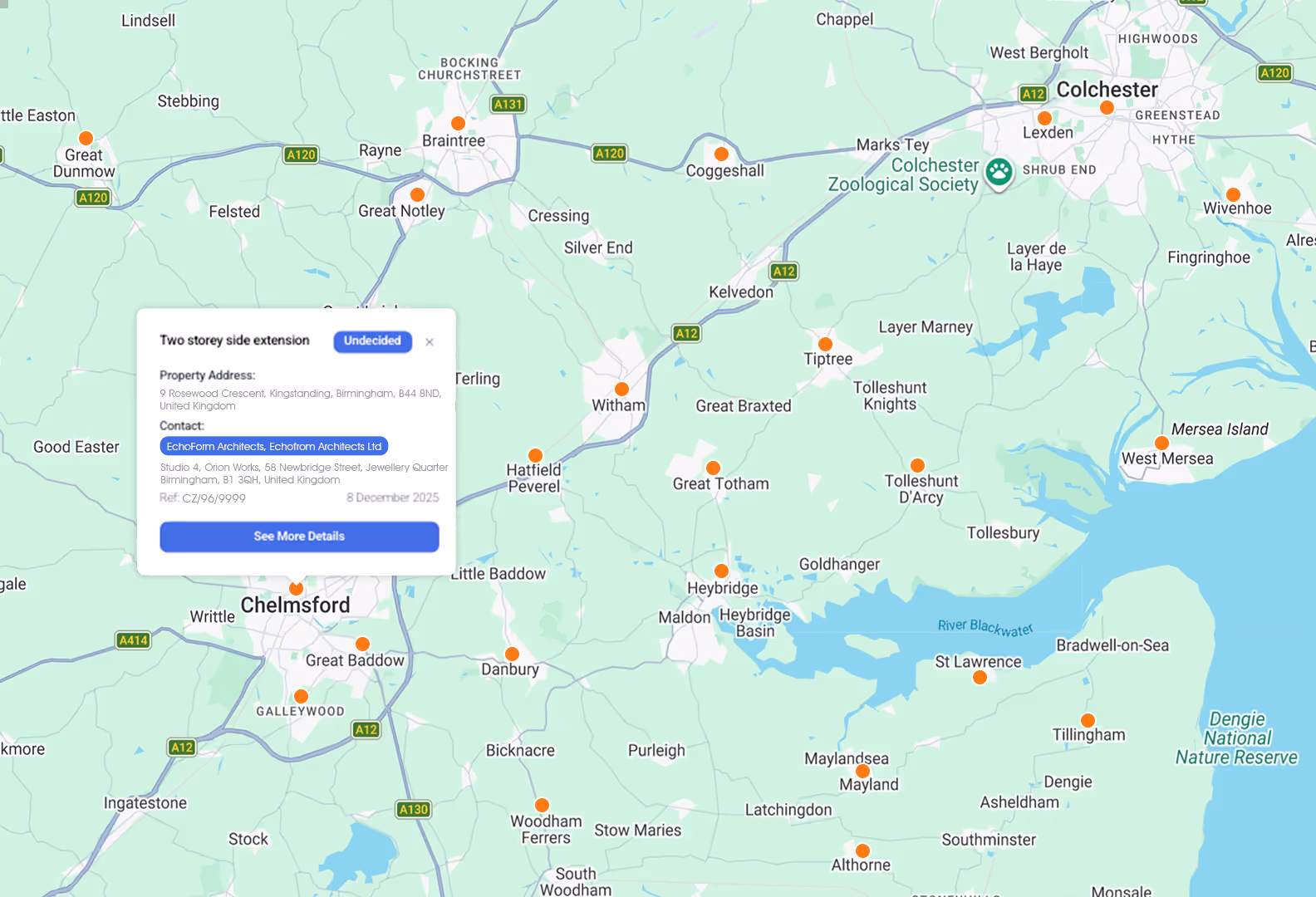 Map of Essex, England, showing towns including Chelmsford, Colchester, and Maldon with a popup detailing a two storey side extension project for 9 Rosewood Crescent, Kingstanding, Birmingham, by EchoForm Architects.