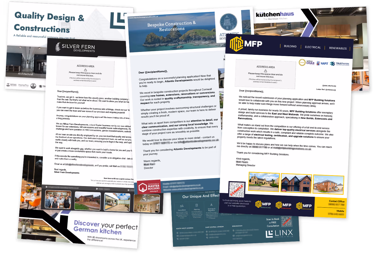 Collage of construction and design company brochures featuring Silver Fern Developments, Atlantic Developments, Küchenhaus German Kitchen, and MFP Building Solutions with images of houses, kitchens, and contact details.