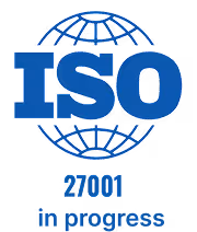 Logo ISO 27001 avec globe terrestre et texte « en cours » en dessous.