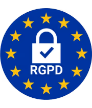 Icône de bouclier bleu avec un cadenas blanc entouré d'étoiles jaunes, texte RGPD avec coche.