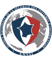 Logo de l'Agence nationale de la sécurité des systèmes d'information (ANSSI) avec un blason stylisé bleu et rouge sur fond gris circulaire.